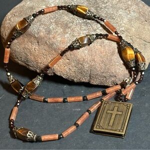 Spiritual Carnelian n Tigers Eye Artisan Necklace. Catholic medallion 28” long.